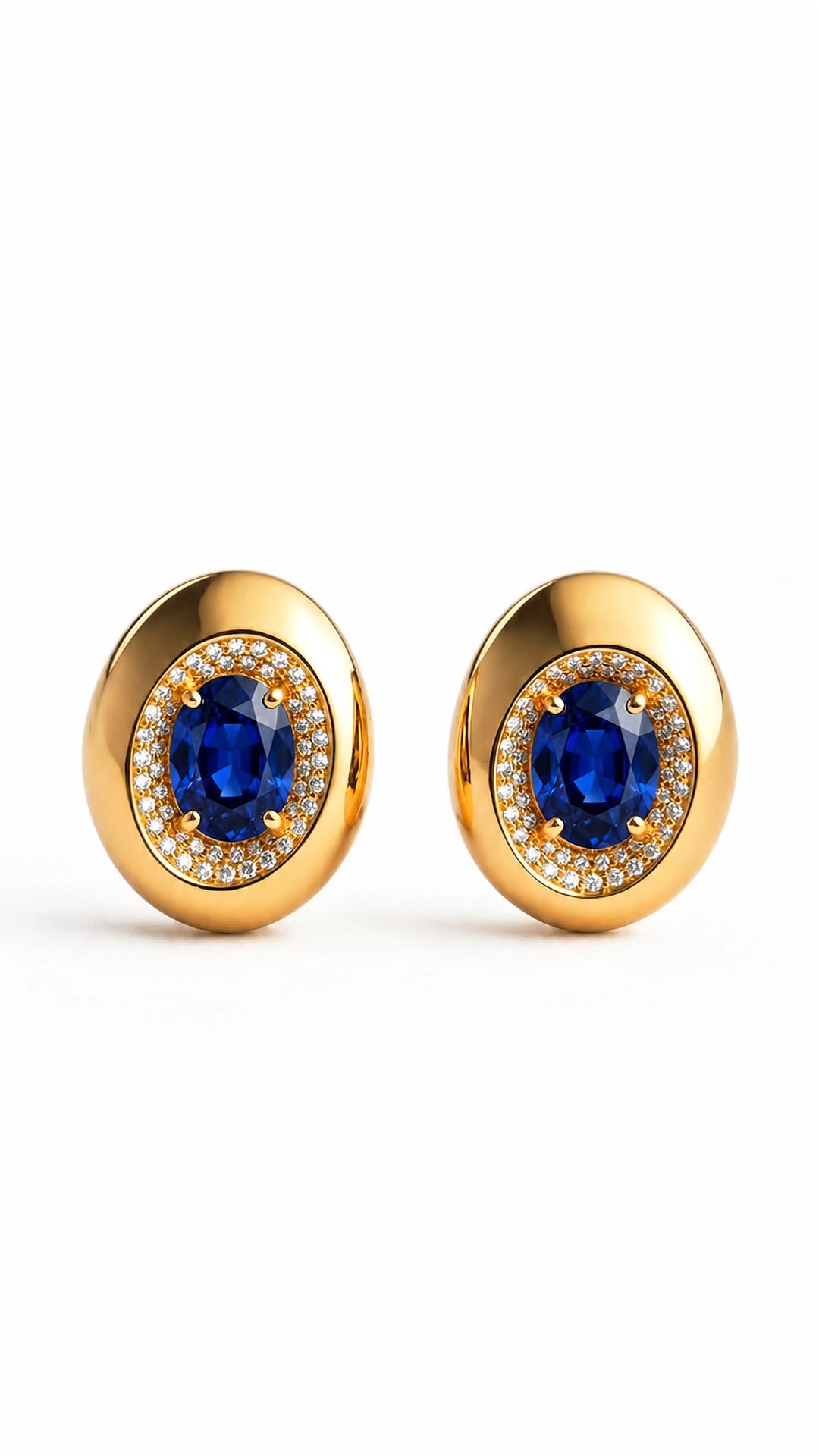 Fonna earrings — a matched pair of oval natural blue sapphires framed by brilliant diamonds, champagne gold-plated sterling silver 925.