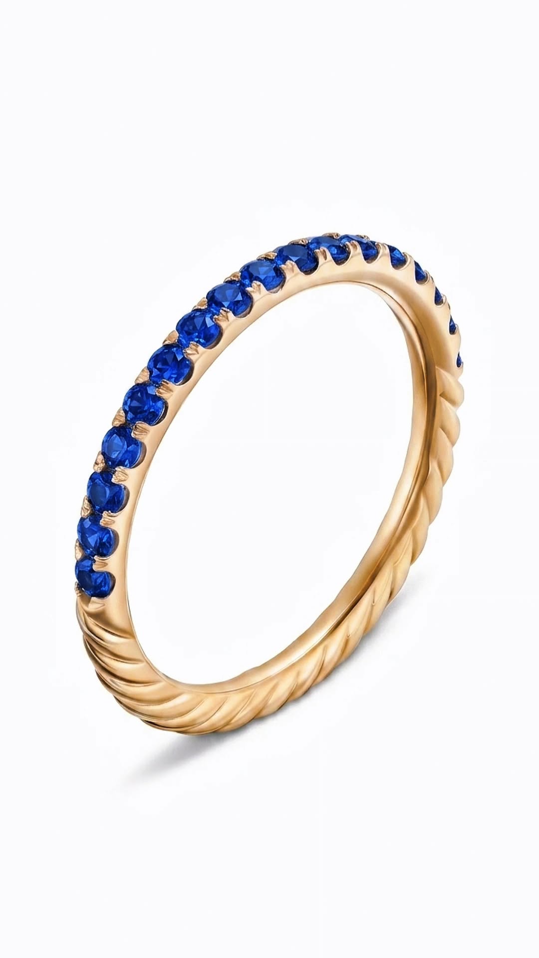 Cord Ring — a twisted-column sapphire pavé eternity band in champagne gold-plated sterling silver 925.